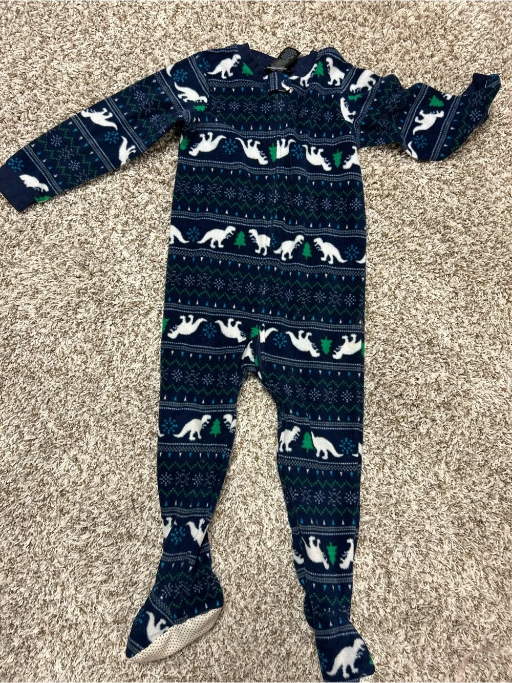 Joe Boxer Kids Navy Blue Dino Print Footed One-Piece Fleece Pajamas Sz 4 T